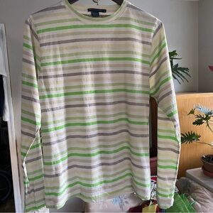 French Connection Green and Gray Striped Long Sleeve Tee